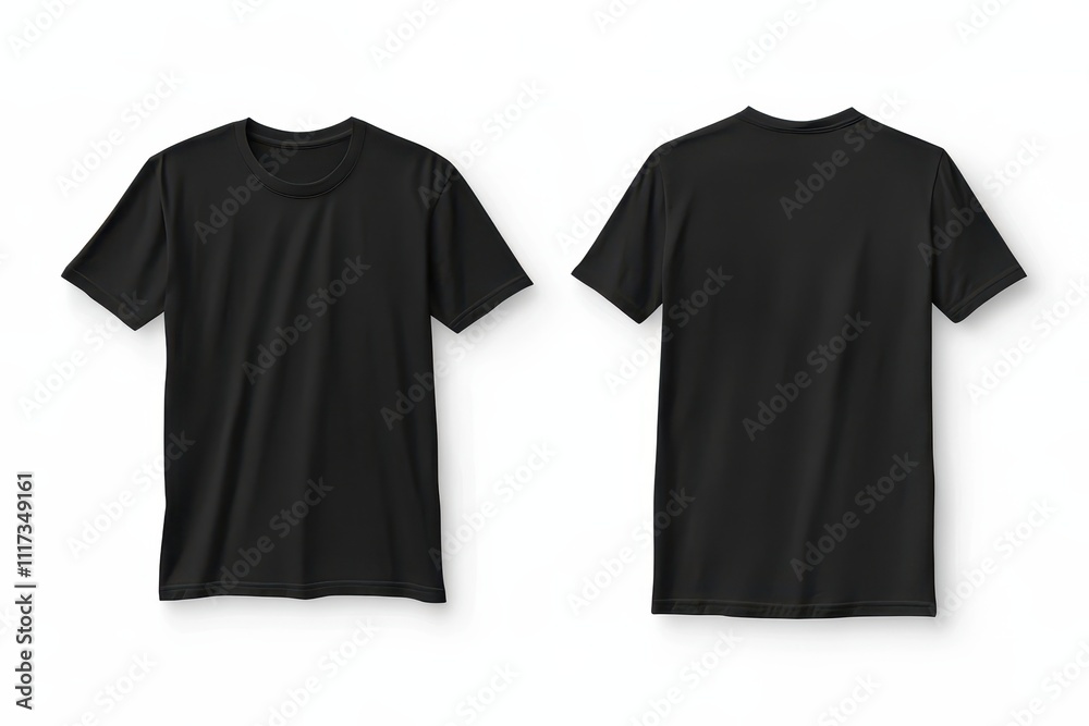 A black t-shirt displayed from the front and back view, showcasing its simple design. A black t-shirt displayed from the front and back view, showcasing its simple design.