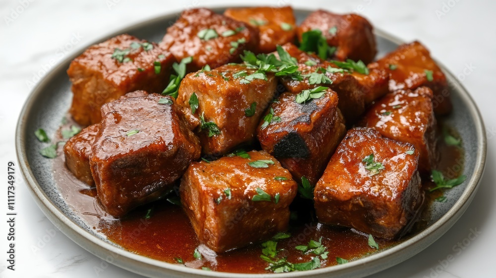 Savory Glazed Pork Cubes with Fresh Parsley Garnish on Plate Savory Glazed Pork Cubes with Fresh Parsley Garnish on Plate