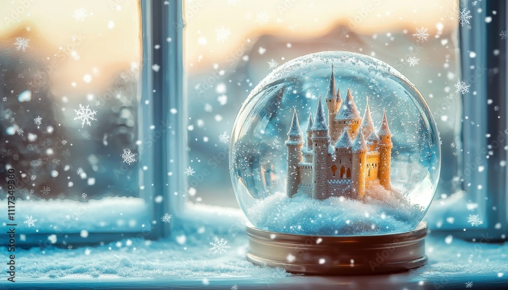 A snow globe featuring a castle, set against a wintery window scene with falling snowflakes. A snow globe featuring a castle, set against a wintery window scene with falling snowflakes.