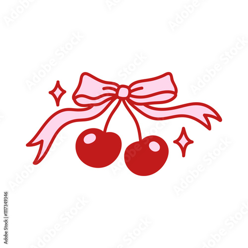 Coquette pretty charming pink bow with cherry berry. Elegant bow knot, gift bow. Beautiful holiday decorative element, festive present decor. Vintage hand drawn illustration
