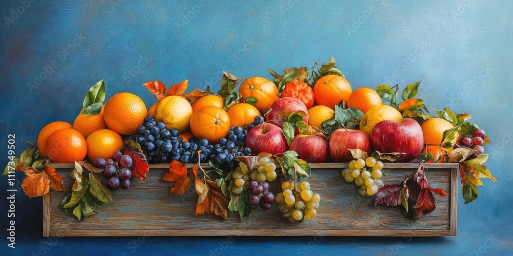 Autumn brings an abundant harvest of citrus fruits and fall vegetables. A wooden box overflows with vibrant oranges, lemons, apples, and grapes, all spinning against a blue backdrop. Autumn brings an abundant harvest of citrus fruits and fall vegetables. A wooden box overflows with vibrant oranges, lemons, apples, and grapes, all spinning against a blue backdrop.