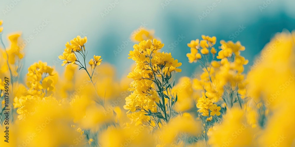 Close up macro photography captures a canola field in full bloom during the spring season, showcasing the vibrant beauty of blooming canola crops.