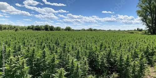 A vast area filled with cannabis plants flourishes beneath a bright and sunny sky, showcasing the abundant greenery and healthy growth of the cannabis field.