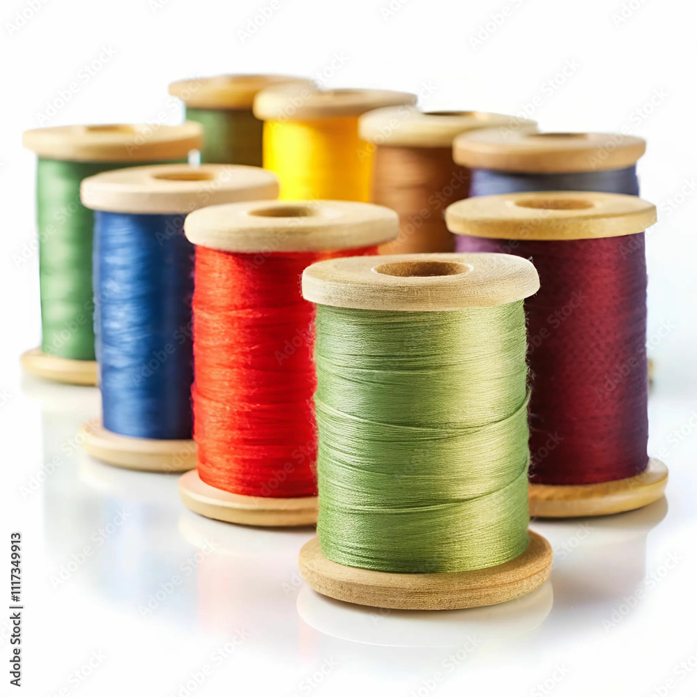 A collection of thread cones in vibrant colors, neatly arranged, A collection of thread cones in vibrant colors, neatly arranged,