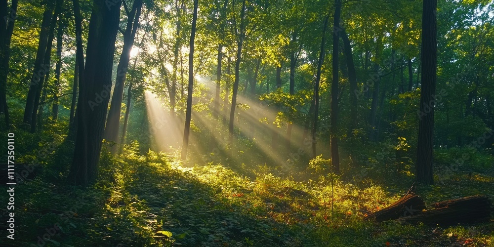 Obraz premium Gorgeous Morning in the Forest Serenity in Nature Lush Trees and Leaves Illuminated by Bright Rays of Optimism.