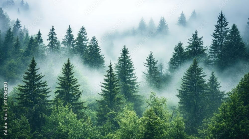 Fototapeta premium Misty dusk envelops a pine forest, creating a fantasy atmosphere amidst towering trees. This close-up captures the enchanting essence of pine forest scenery, with ample space for text.