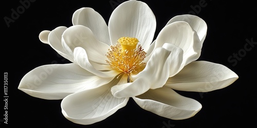 A detailed overhead perspective of a white flower featuring a yellow center highlights its fragile petals and the stigma brimming with pollen.
