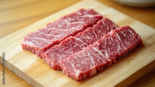 Raw meat displayed on a wooden cutting board is prepared for cooking, highlighting its texture and freshness. The raw meat creates an inviting cooking atmosphere, with ample copy space for text.