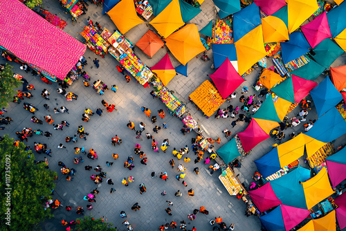 Colorful market tents and lively crowds fill the vibrant plaza during a bustling day of shopping