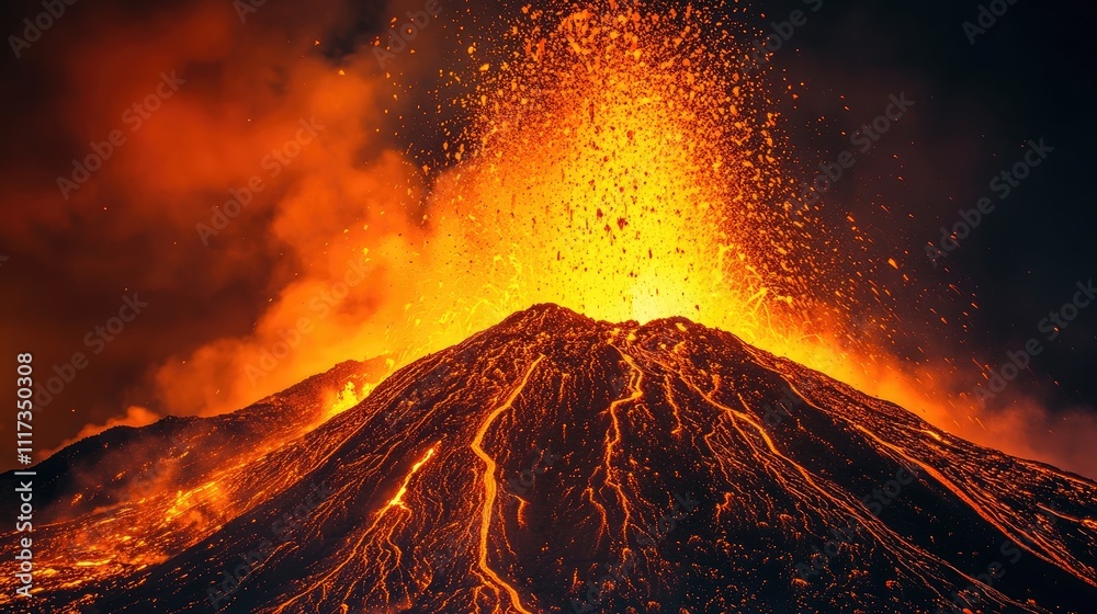 Lava fountain erupts from an active stratovolcano, capturing the dynamic beauty of volcanic activity. This image of the stratovolcano showcases vibrant lava patterns with ample copy space. Lava fountain erupts from an active stratovolcano, capturing the dynamic beauty of volcanic activity. This image of the stratovolcano showcases vibrant lava patterns with ample copy space.