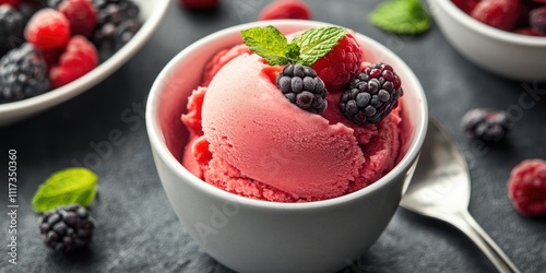 A cup of homemade berry sorbet is placed on the tabletop, showcasing its vibrant colors and fresh ingredients, perfect for a refreshing treat. photo