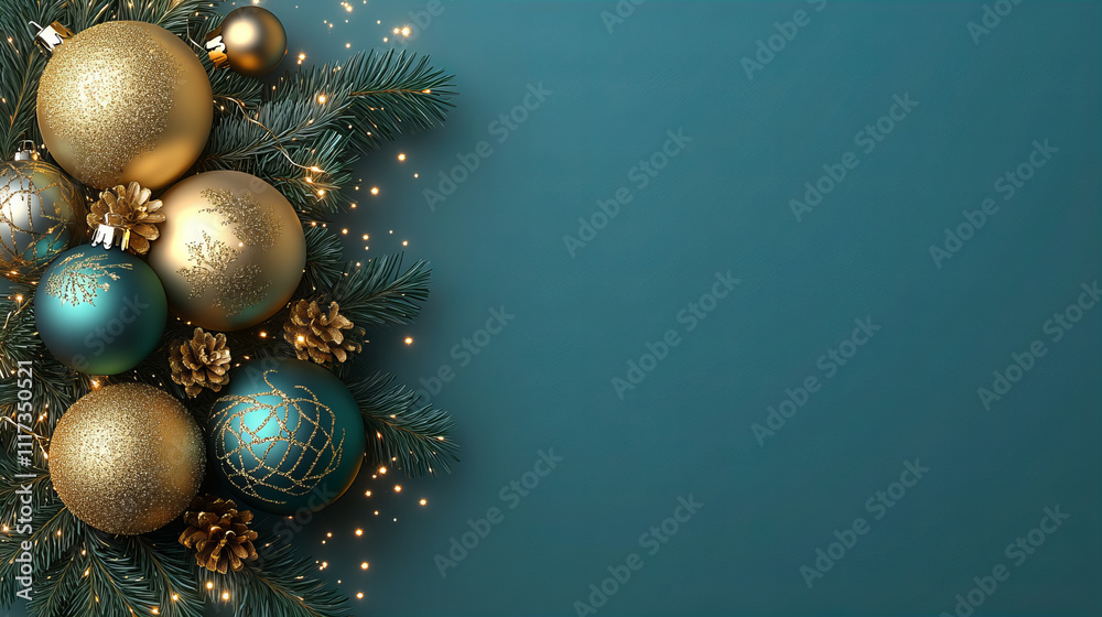 festive arrangement of green and gold Christmas ornaments with pine branches, creating cheerful holiday atmosphere festive arrangement of green and gold Christmas ornaments with pine branches, creating cheerful holiday atmosphere