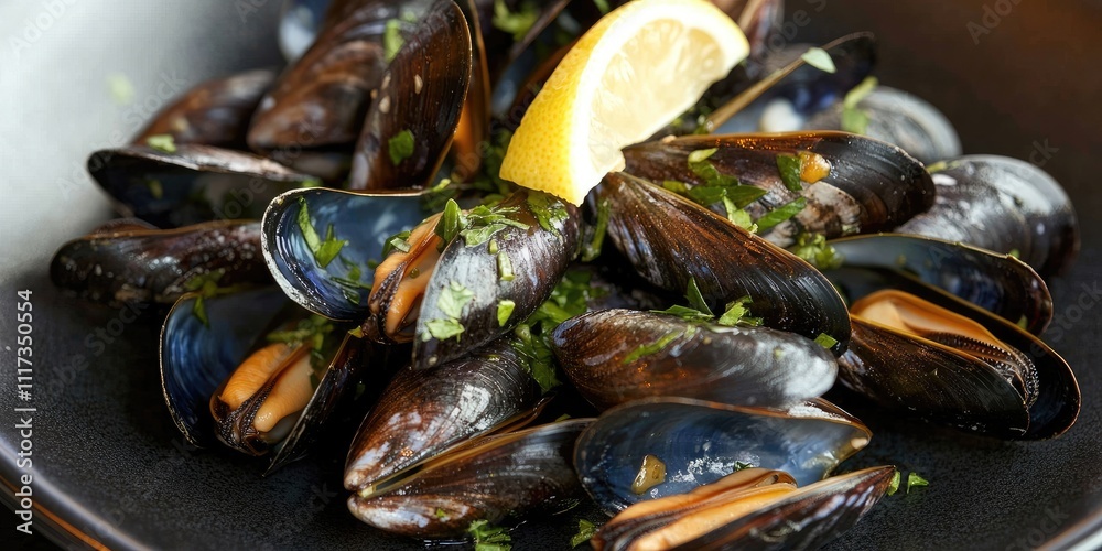 Close up, top view of freshly prepared mussels enhanced with herbs and a splash of lemon, elegantly presented on a dark plate for a striking appearance. Close up, top view of freshly prepared mussels enhanced with herbs and a splash of lemon, elegantly presented on a dark plate for a striking appearance.
