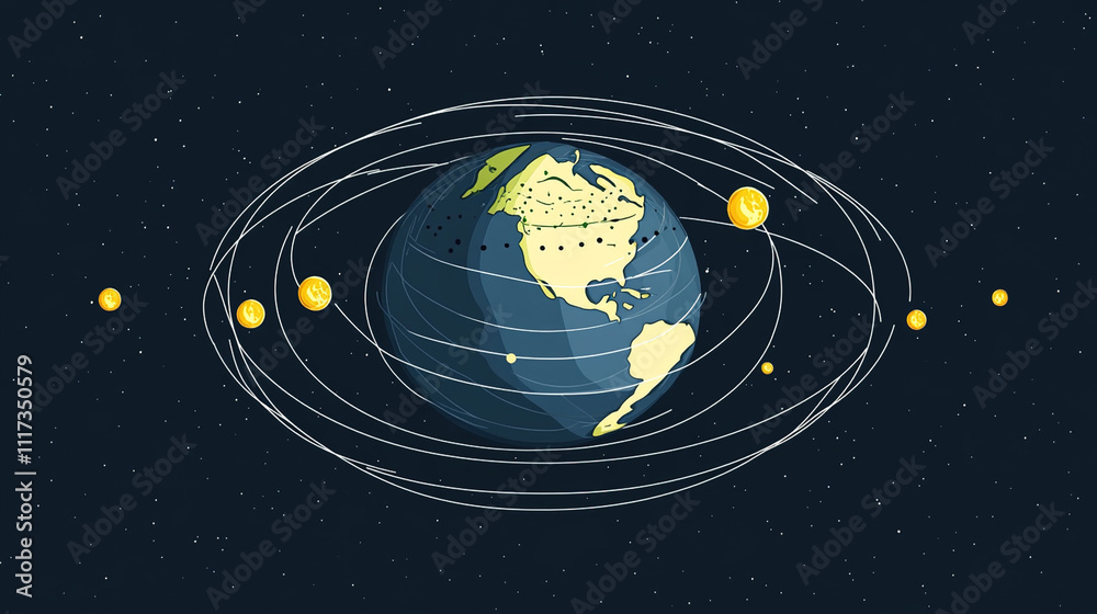 Fototapeta premium Earth axis diagram illustration showing the tilt of the Earth's rotational axis relative to its orbital plane, explaining the cause of seasonal changes and the distribution of sunlight.