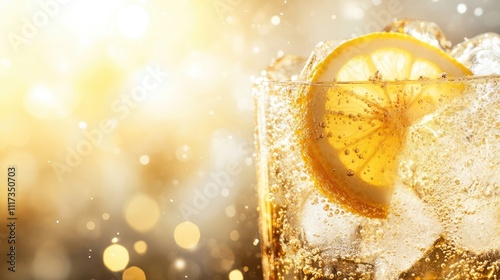 Refreshing cocktail with a slice of lemon and ice, capturing the essence of a cool drink. This refreshing cocktail image provides ample space for text or branding. photo