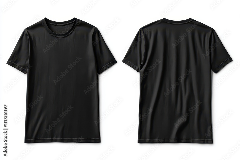 A plain black t-shirt displayed from the front and back for clothing presentation.