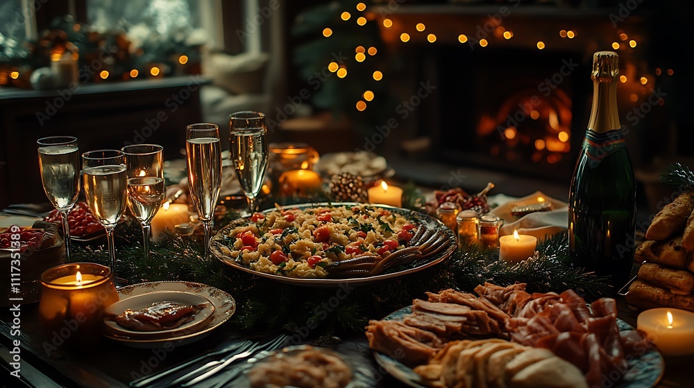 A traditional Russian table set for New Year’s Eve, featuring Olivier salad, pickled herring, and champagne, surrounded by festive decor like pine branches, baubles, and fairy lights, A traditional Russian table set for New Year’s Eve, featuring Olivier salad, pickled herring, and champagne, surrounded by festive decor like pine branches, baubles, and fairy lights,