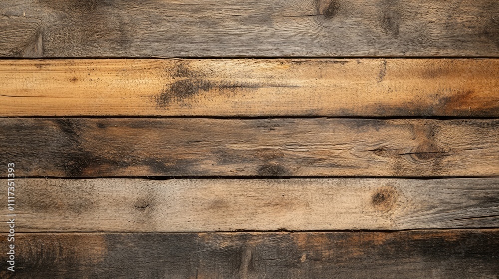 Naklejka premium Close-up of a wooden plank reveals a rough, aged surface showcasing unique textures and natural design elements, perfect for capturing rustic charm. Photo includes ample copy space.