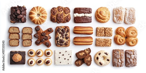 Overhead perspective of a variety of baked goods and freshly made pastries displayed on a white backdrop, showcasing the assortment of delightful treats available.