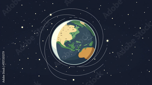 Earth axis diagram illustration showing the tilt of the Earth's rotational axis relative to its orbital plane, explaining the cause of seasonal changes and the distribution of sunlight.