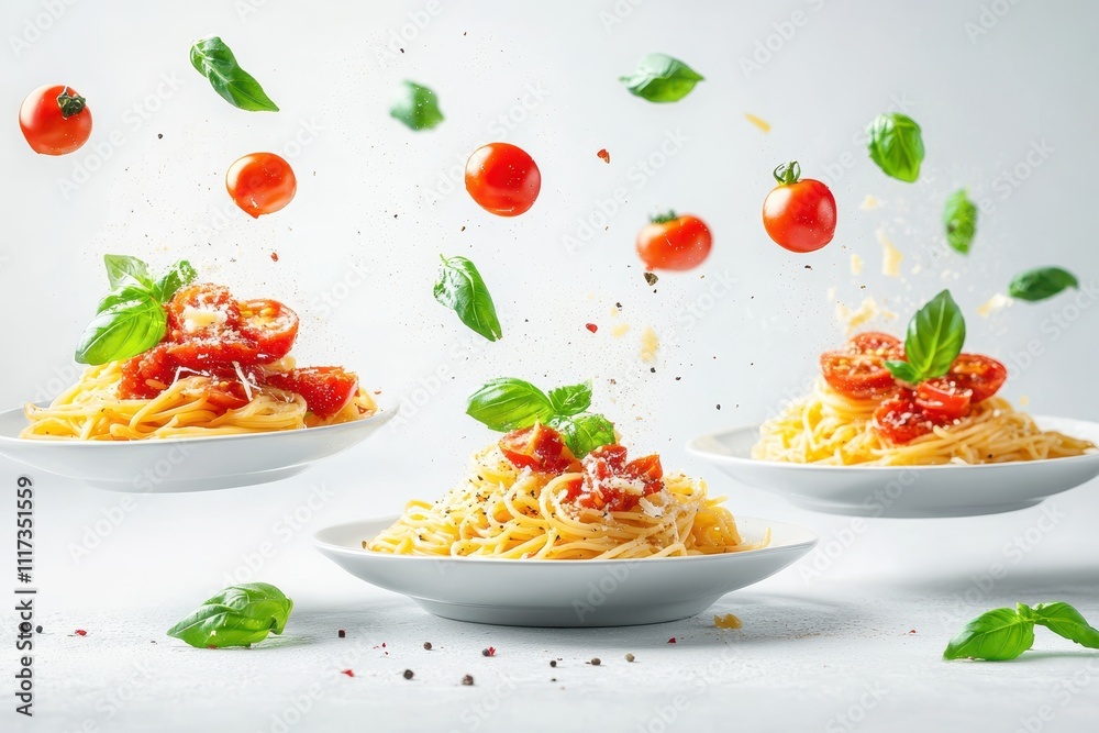 Plates of delicious pasta dishes each topped with a rich tomato sauce fresh cherry tomatoes