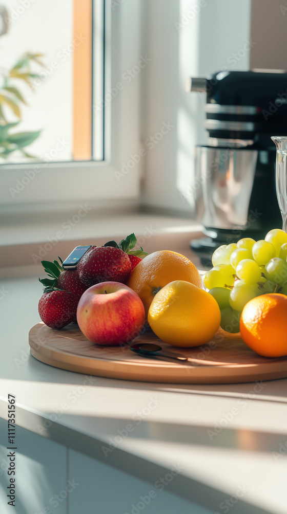 Fruit platter on a sunny kitchen countertop with apples and oranges Fruit platter on a sunny kitchen countertop with apples and oranges