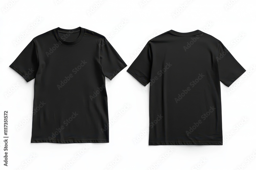 Two black t-shirts displayed from the front and back, showcasing a simple design. Two black t-shirts displayed from the front and back, showcasing a simple design.