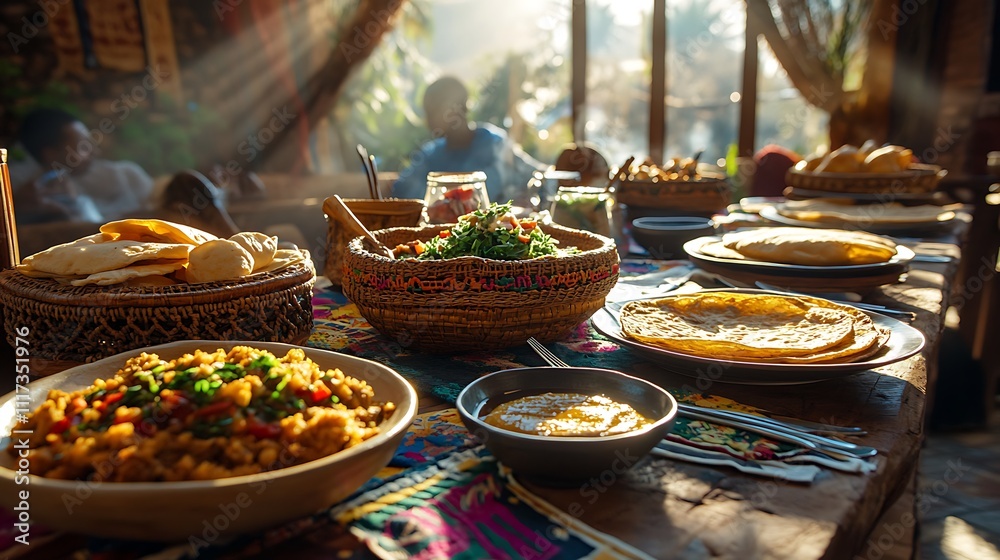 A vibrant and lively Ethiopian dining scene, with a group of people sharing doro wat and injera, the table adorned with colorful woven baskets and traditional decor, A vibrant and lively Ethiopian dining scene, with a group of people sharing doro wat and injera, the table adorned with colorful woven baskets and traditional decor,