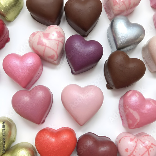 A collection of heart-shaped truffles in assorted flavors, wrapped in colorful foil, on a white background