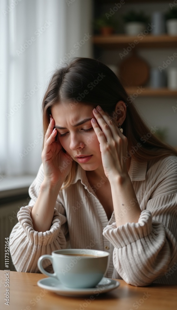 Young woman feeling stressed and holding her head while sitting at a table with coffee Young woman feeling stressed and holding her head while sitting at a table with coffee
