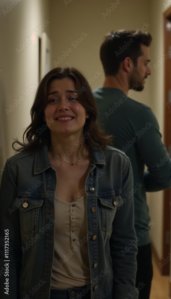 Woman crying during confrontation in hallway, partner standing in background with emotional intensity