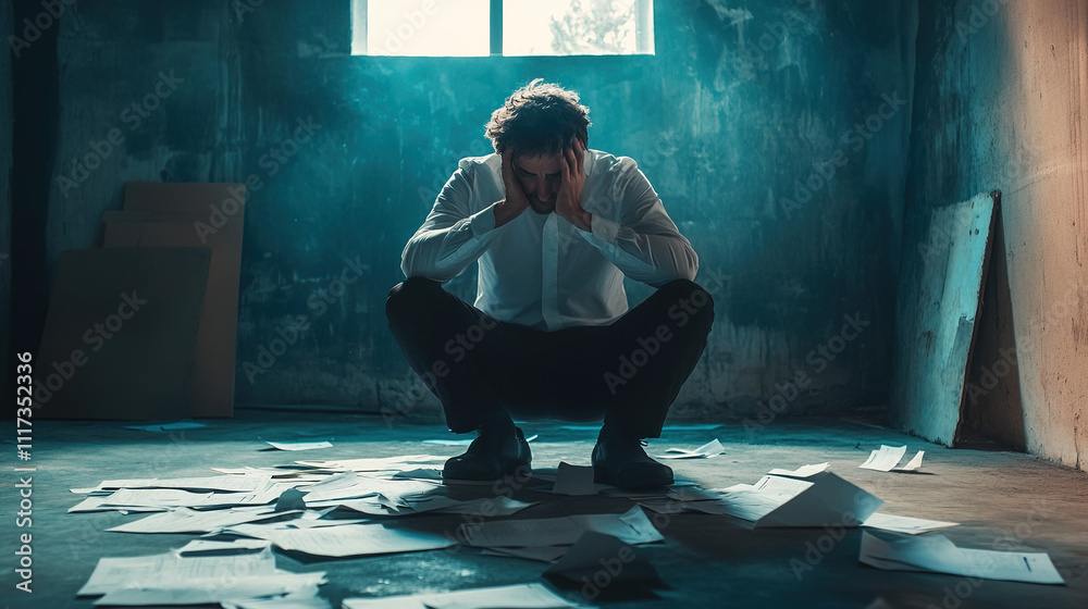 Businessman Sitting Alone in a Dimly Lit Office, Head in Hands, Surrounded by Scattered Papers and a Dark, Empty Room, Symbolizing Financial Despair and Company Bankruptcy Businessman Sitting Alone in a Dimly Lit Office, Head in Hands, Surrounded by Scattered Papers and a Dark, Empty Room, Symbolizing Financial Despair and Company Bankruptcy
