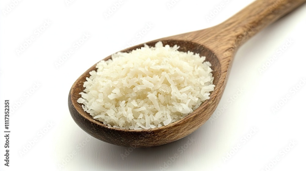 White Rice in Wooden Spoon on White Background for Culinary Use White Rice in Wooden Spoon on White Background for Culinary Use