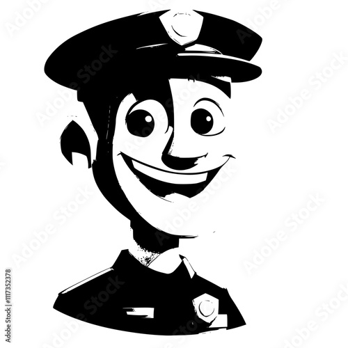 Friendly cartoon police officer character with a big smile, wearing a cap and uniform, black and white illustration, copy space
