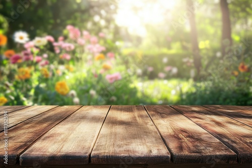 A wooden table in a vibrant garden filled with colorful flowers and soft sunlight.