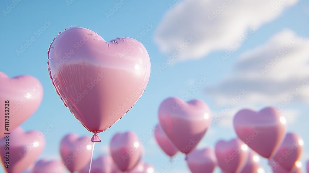 Heart-shaped balloons floating in the sky, soft pink hue, romantic, celebration. Heart-shaped balloons floating in the sky, soft pink hue, romantic, celebration.