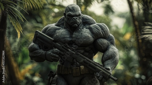 battle READY BEAST with guns and muscles, ready to ATTACK in a war, WALKING in a RAINFOREST, JUNGLE is thick and hot and dry, hyper realistic , photo realistic imag photo