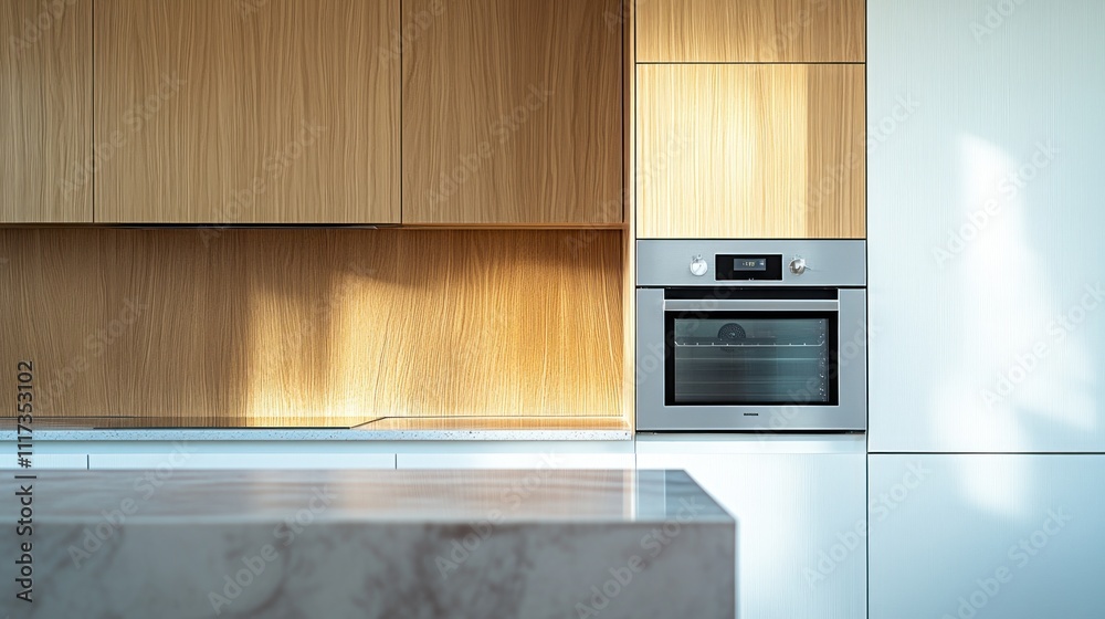 Modern kitchen with built-in oven, wood cabinets, and marble countertop. Sunlight streams through window. Modern kitchen with built-in oven, wood cabinets, and marble countertop. Sunlight streams through window.