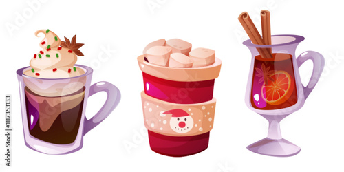 Autumn or winter seasonal hot drinks in glass and mug - hot chocolate topped with whipped cream and sprinkles, and spiced mulled wine with citrus slices and cinnamon sticks, warm coca with marshmallow