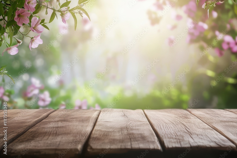 A serene wooden tabletop with a blurred floral background, evoking tranquility and nature. A serene wooden tabletop with a blurred floral background, evoking tranquility and nature.