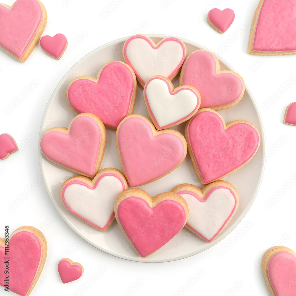 A plate of sugar cookies decorated with pink and white icing in heart and cupid shapes, isolated on white A plate of sugar cookies decorated with pink and white icing in heart and cupid shapes, isolated on white