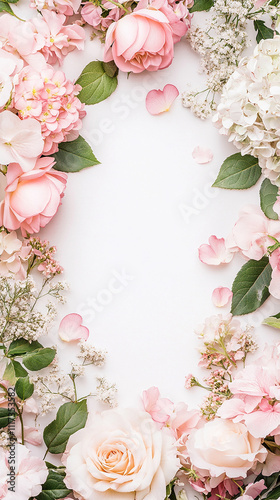 frame made if pink and beige roses on white background with space for text