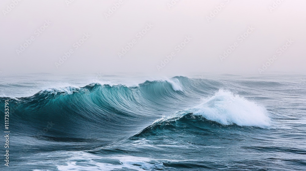 Powerful ocean waves crashing against the shore in a misty atmosphere. Powerful ocean waves crashing against the shore in a misty atmosphere.