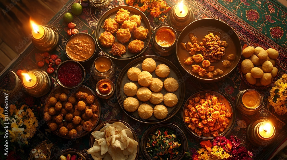 An aerial view of a festive Indian spread with laddoos, halwa, and savory snacks like pakoras and kachoris, all beautifully arranged on a vibrant tablecloth with intricate patterns, An aerial view of a festive Indian spread with laddoos, halwa, and savory snacks like pakoras and kachoris, all beautifully arranged on a vibrant tablecloth with intricate patterns,
