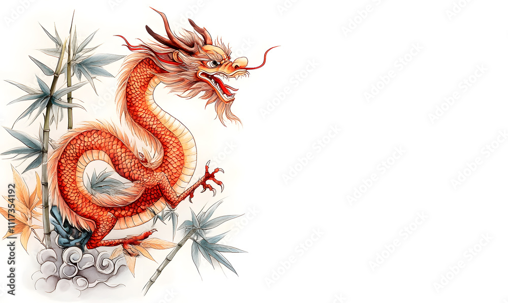 Fototapeta premium Vibrant Chinese Dragon Doodles, Playful and Whimsical 2D Illustrations for Posters, Tags, and Banners