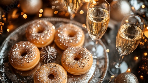 An aerial view of a German New Year spread with Berliner doughnuts arranged in a spiral, glasses of bubbly champagne, and gold and silver decor adding a festive touch, photo