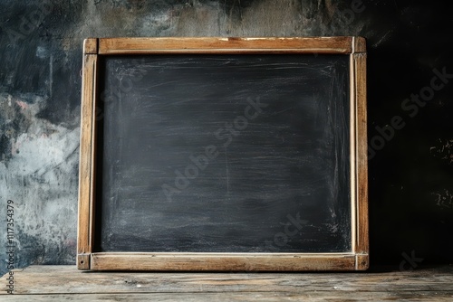 A blank chalkboard framed in wood, ready for writing or drawing. photo