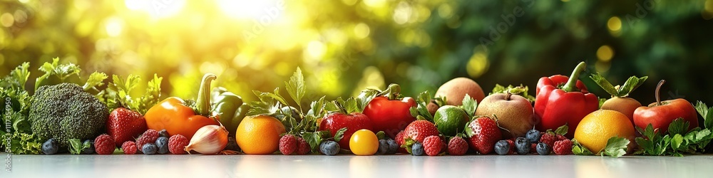 fresh fruits and vegetables scattered on white surface bright blurred greenery in background symbolizing veganuary fresh fruits and vegetables scattered on white surface bright blurred greenery in background symbolizing veganuary