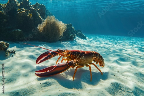 A lobster moving along the sandy ocean floor in a vibrant underwater environment.