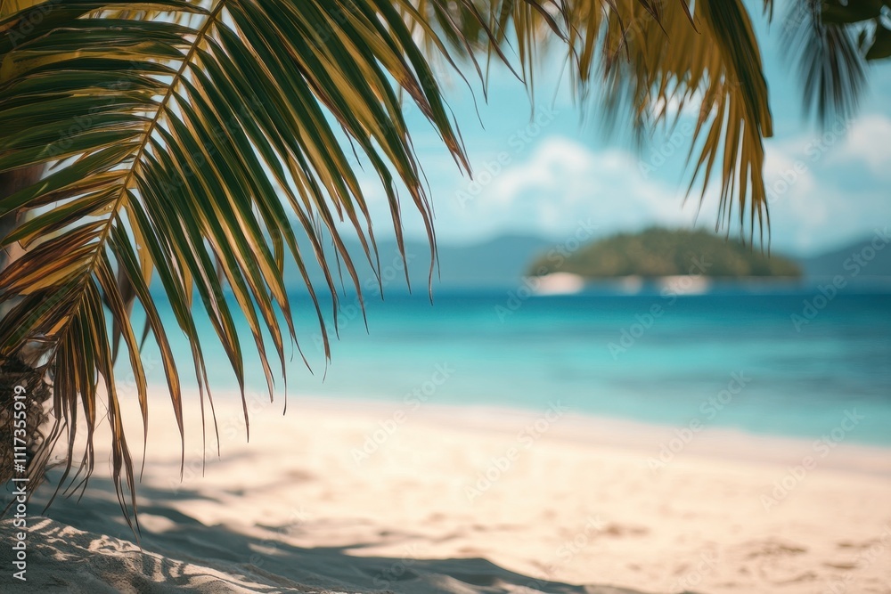 A serene beach scene with palm leaves framing a tranquil ocean view and distant island. A serene beach scene with palm leaves framing a tranquil ocean view and distant island.